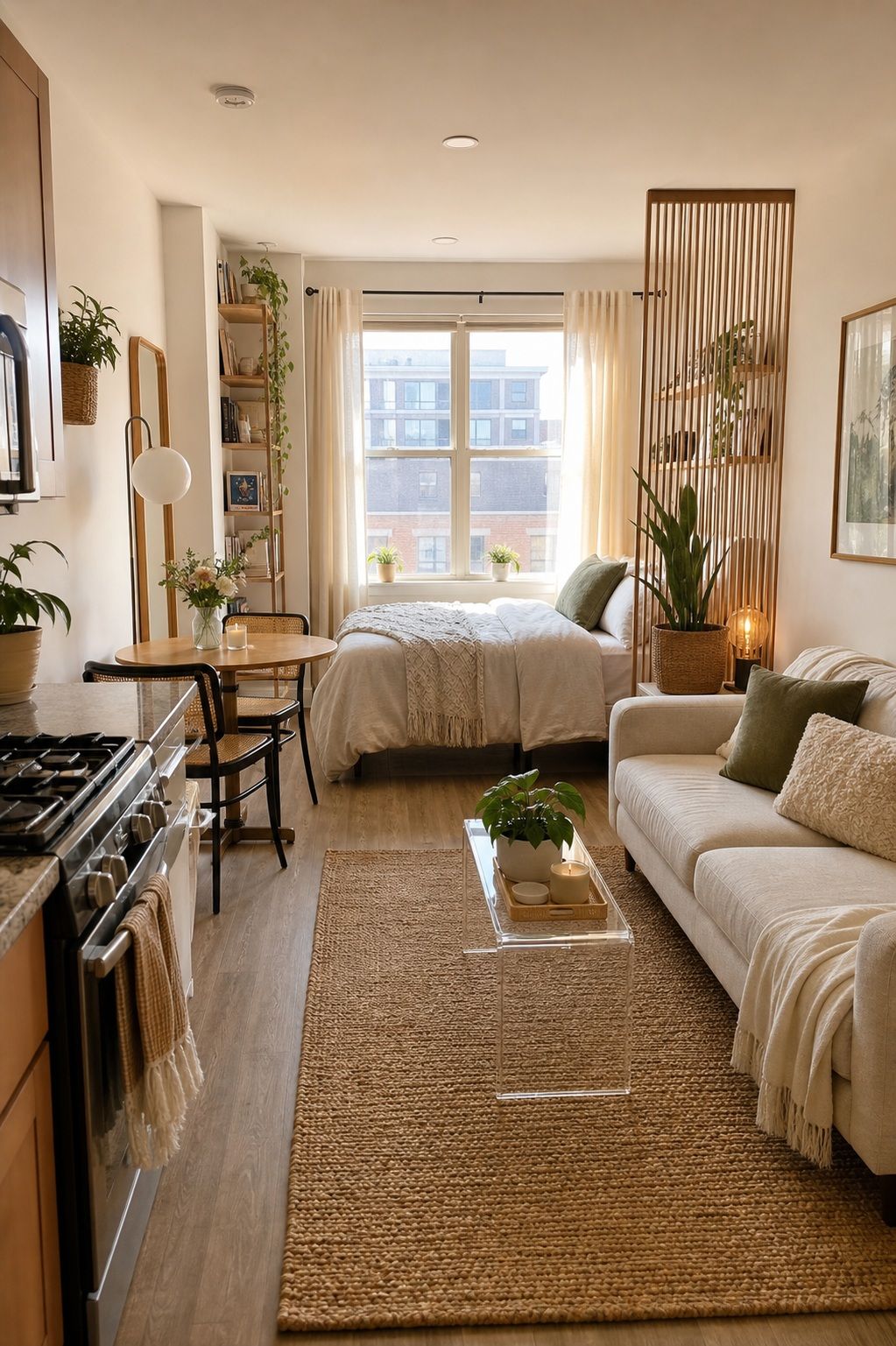 Small studio apartment decorated with layered color, natural light, and texture.