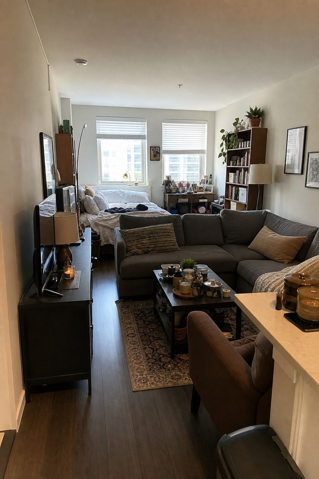 Small studio apartment showing decorating mistakes to avoid with crowded layout and poor flow.