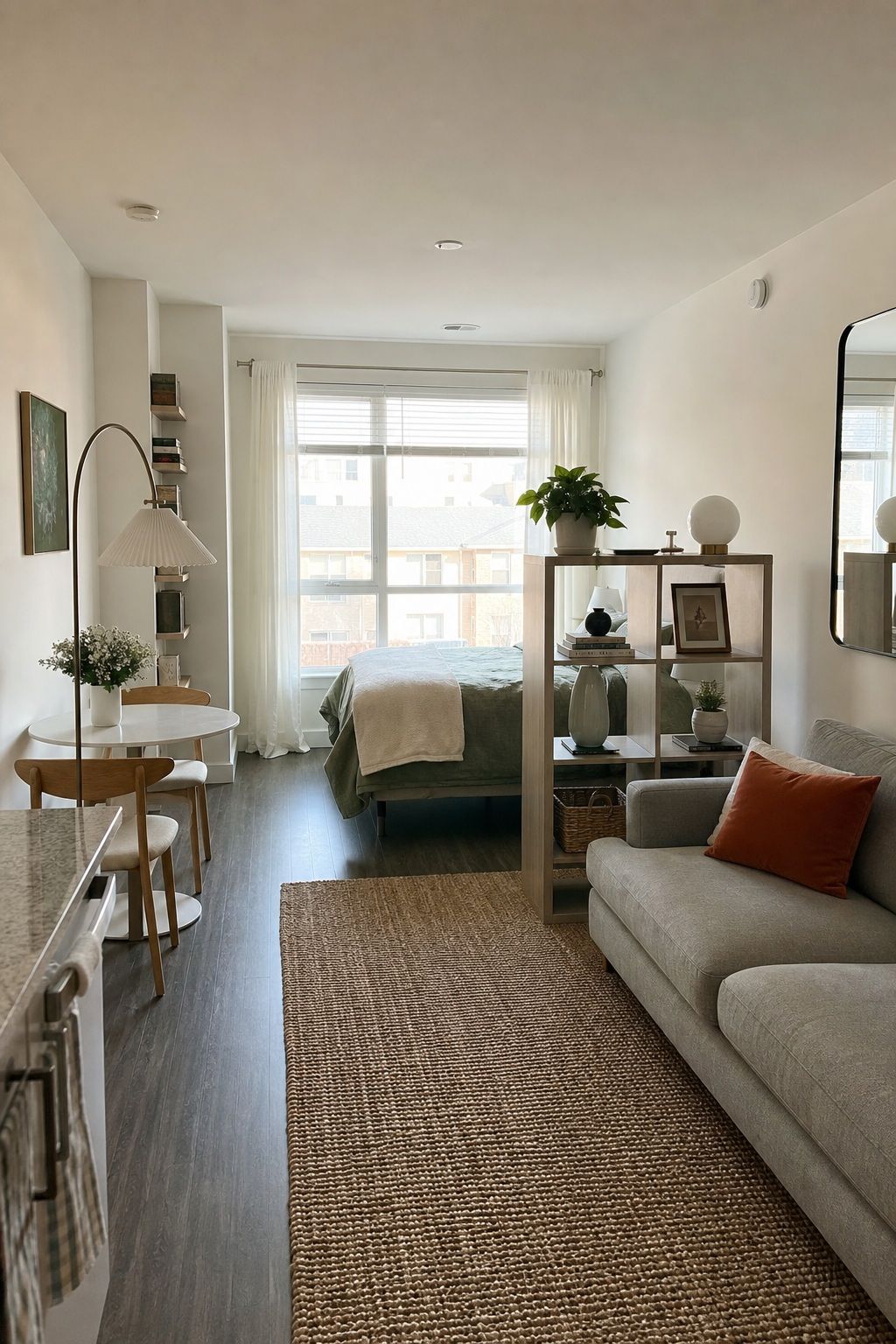 Small studio apartment arranged into clear zones before choosing furniture.