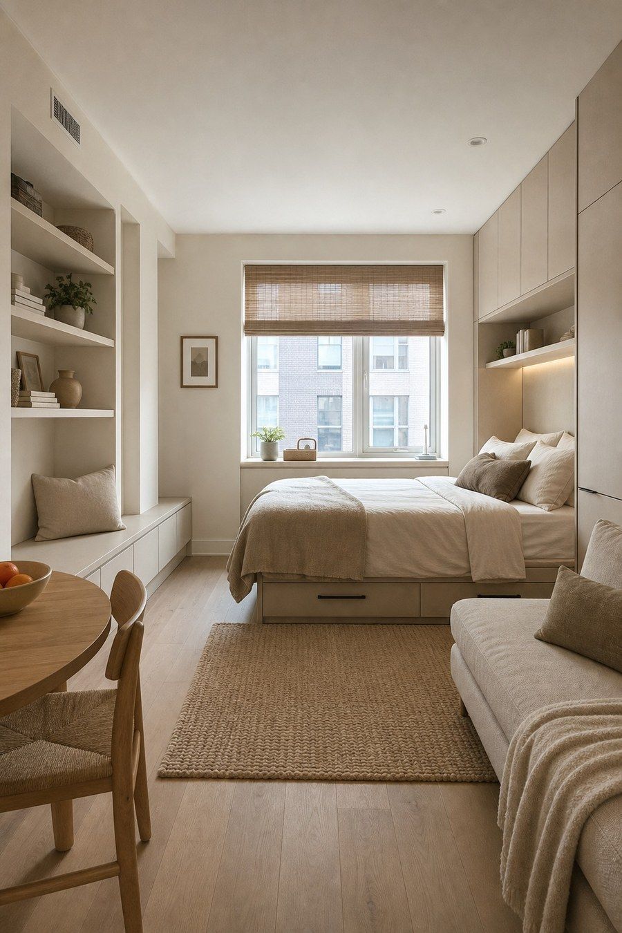 Hidden storage blended into the design of a small studio apartment.
