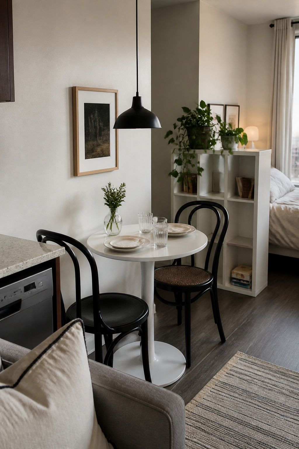 Tiny but intentional dining zone in a small studio apartment.