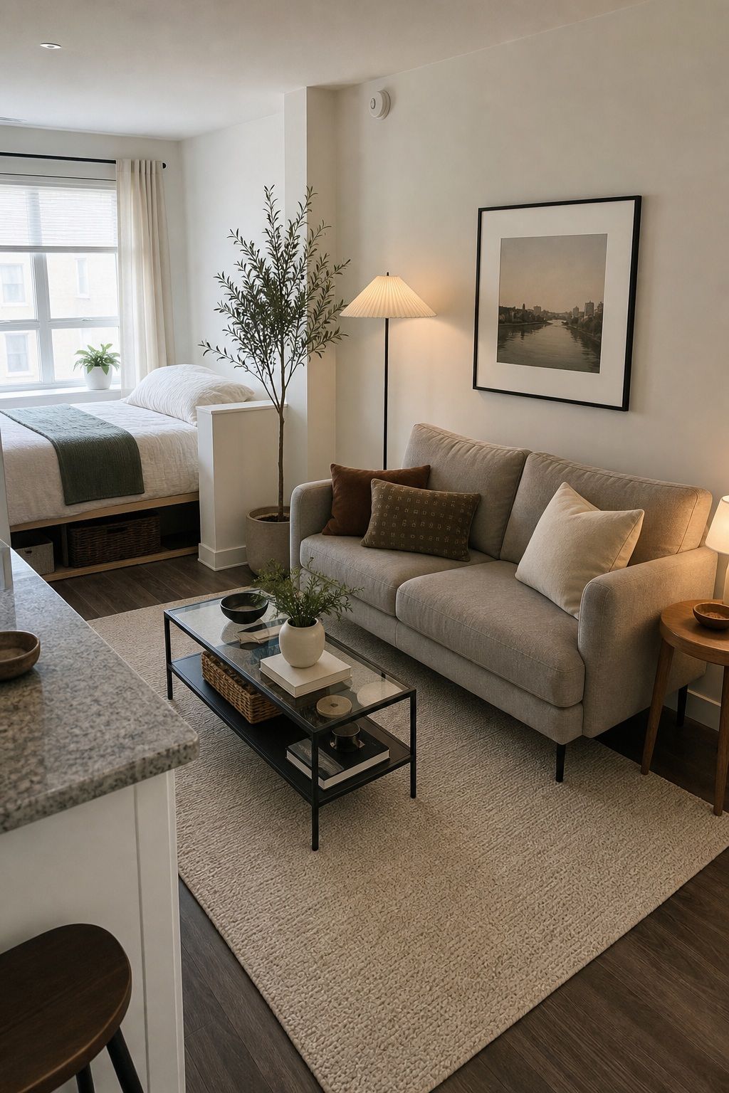 Intentional sofa area in a compact studio apartment living zone.