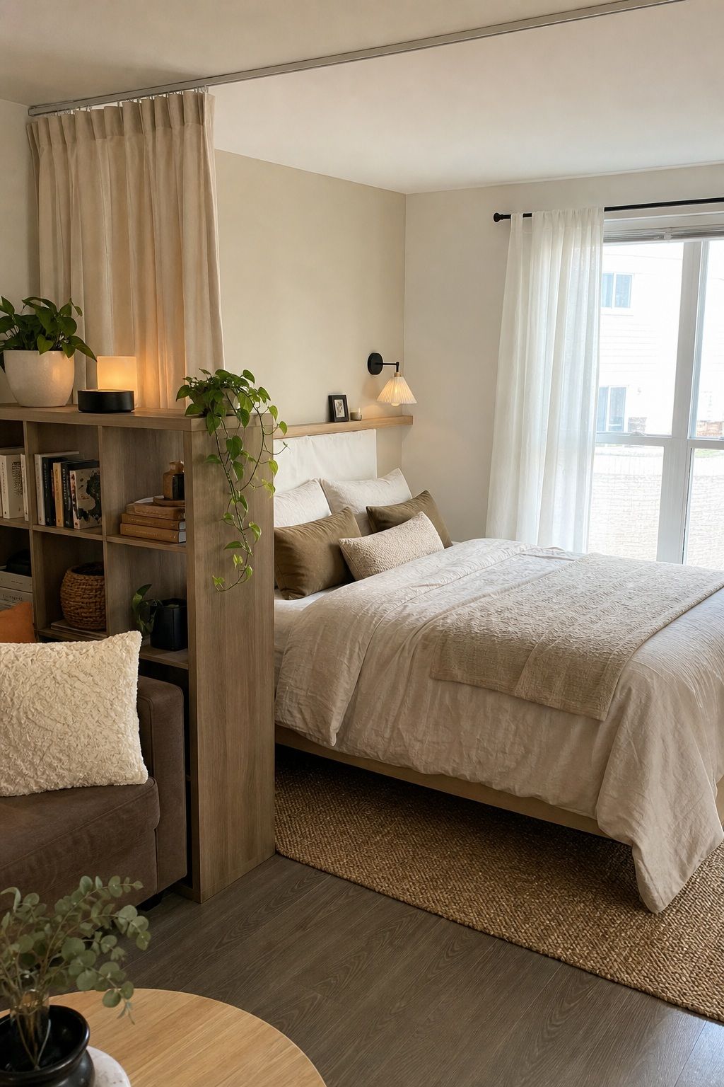 Studio apartment sleep zone styled so the bed feels like its own bedroom.