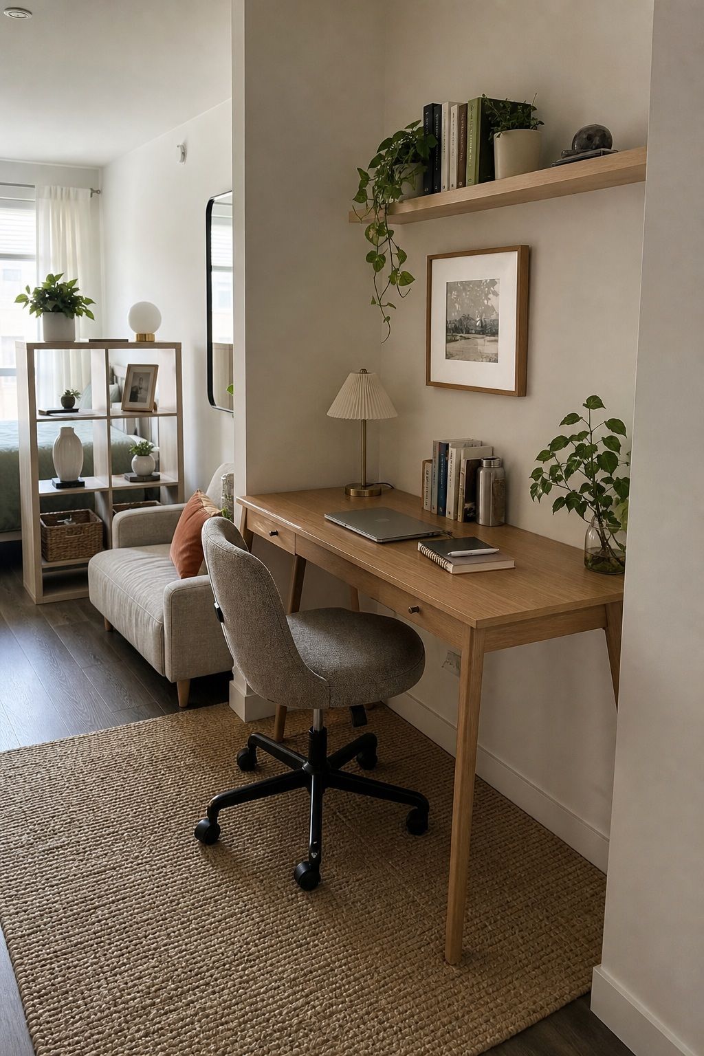 Small studio desk area defined as its own work zone.