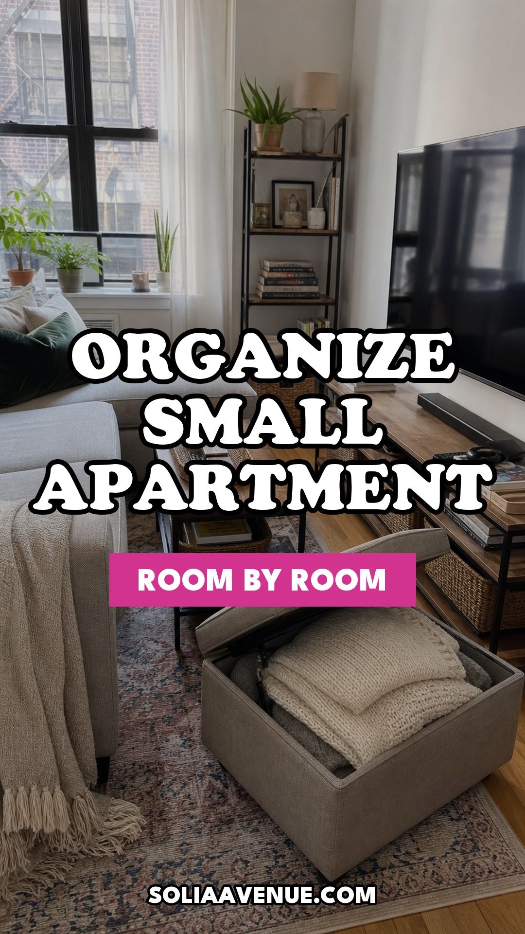 Pinterest pin for How to Organize a Small Apartment Room by Room (And Keep It That Way) from Solia Avenue.