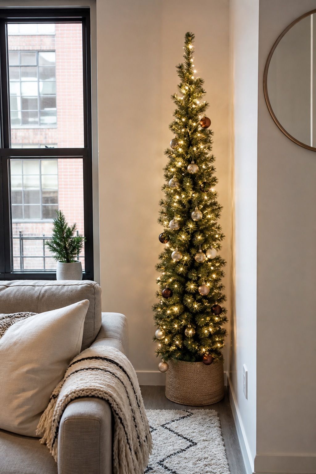 Use a Pencil or Slim Tree Tucked Into a Corner small apartment idea for Top 20 Small Apartment Christmas Decor Ideas for a Cozy Holiday in Tight Spaces.