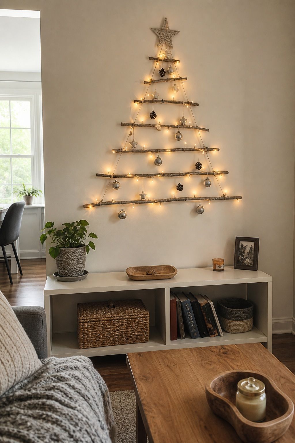 Mount a Wall Tree Made of Branches and Lights small apartment idea for Top 20 Small Apartment Christmas Decor Ideas for a Cozy Holiday in Tight Spaces.
