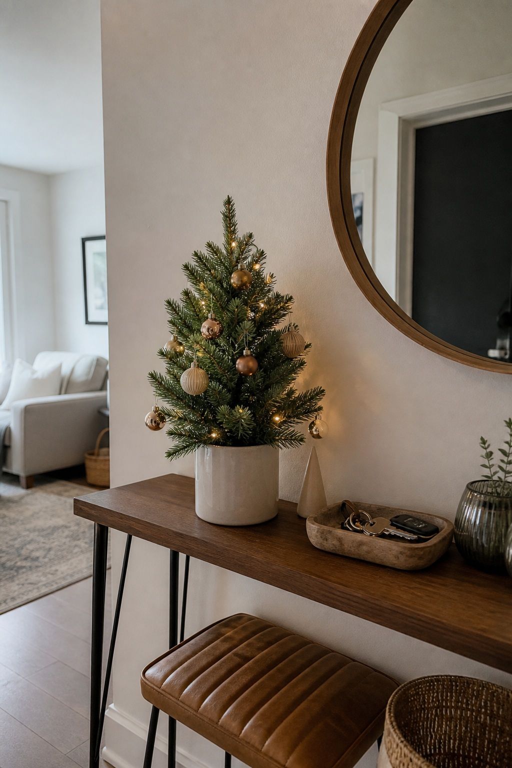 Place a Mini Tabletop Tree on the Console small apartment idea for Top 20 Small Apartment Christmas Decor Ideas for a Cozy Holiday in Tight Spaces.