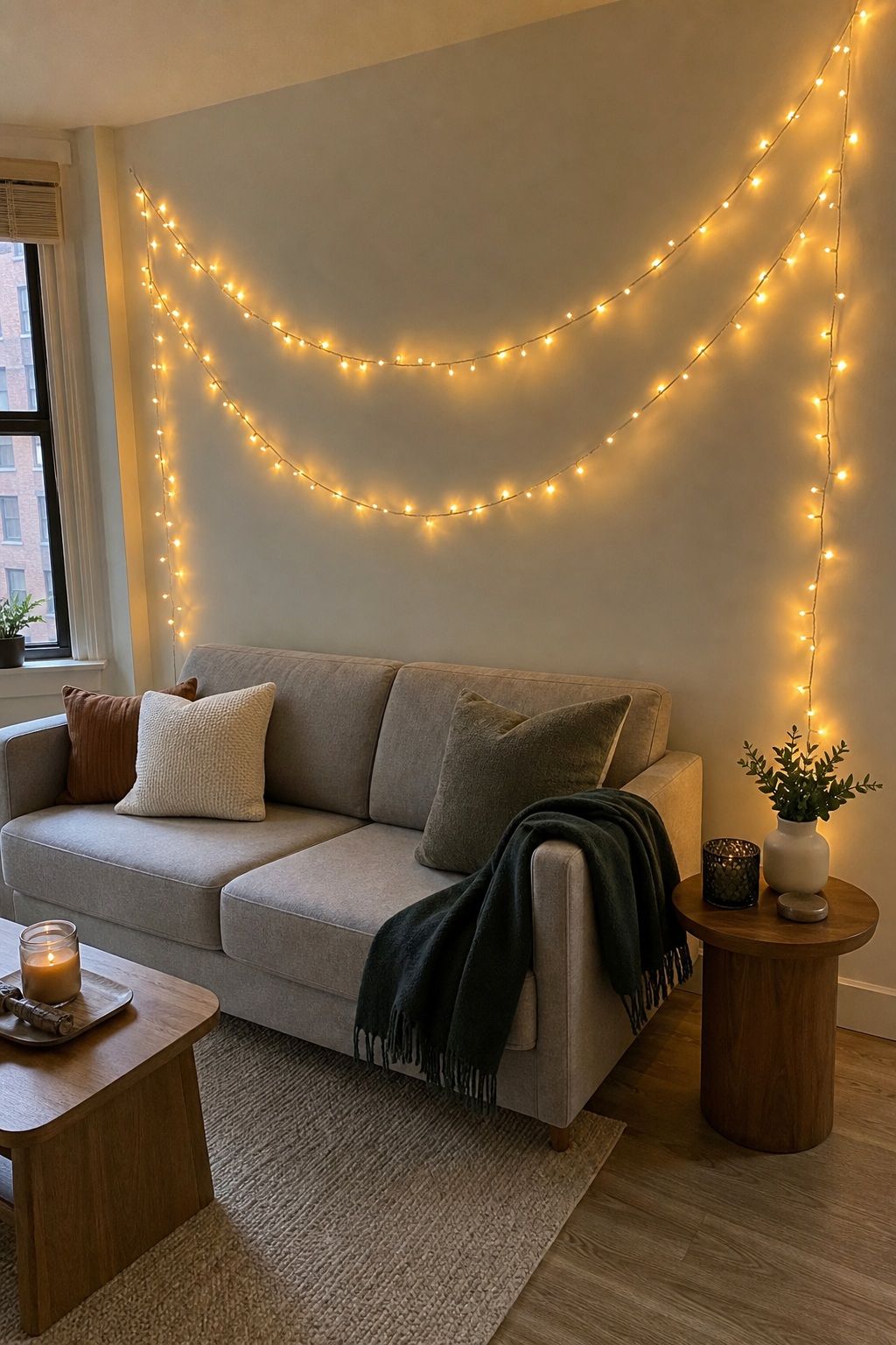 Drape Warm White Fairy Lights Across One Wall small apartment idea for Top 20 Small Apartment Christmas Decor Ideas for a Cozy Holiday in Tight Spaces.