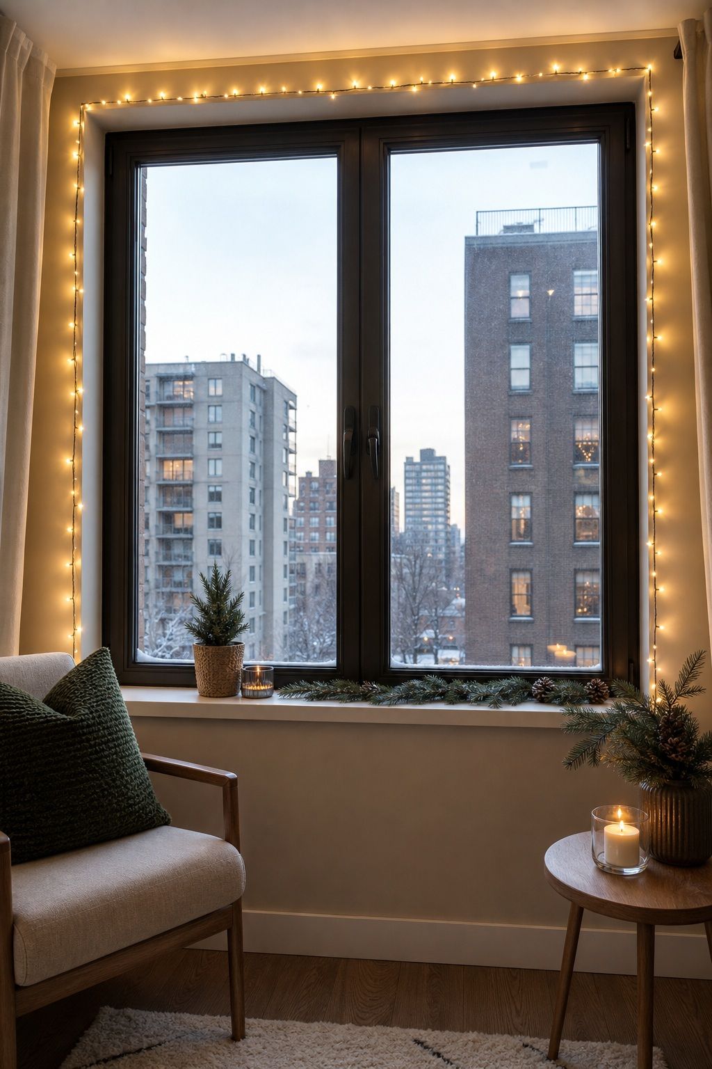 Frame Windows With String Lights small apartment idea for Top 20 Small Apartment Christmas Decor Ideas for a Cozy Holiday in Tight Spaces.