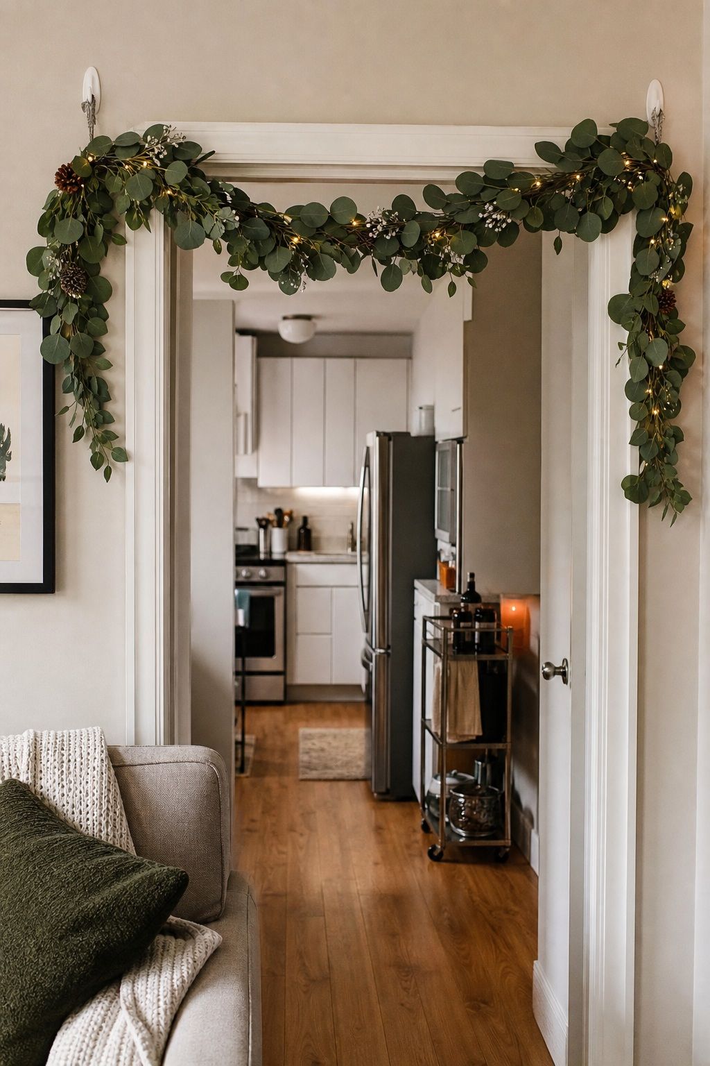 Hang an Eucalyptus Garland Across the Mantel or Doorway small apartment idea for Top 20 Small Apartment Christmas Decor Ideas for a Cozy Holiday in Tight Spaces.