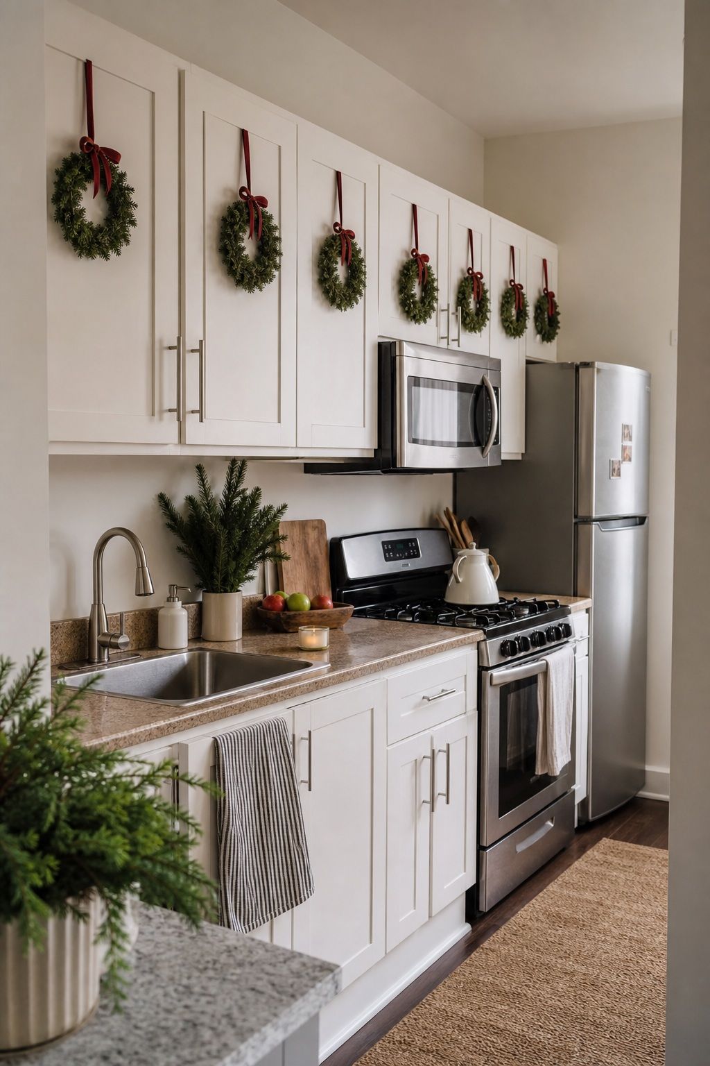 Add Mini Wreaths to Each Kitchen Cabinet small apartment idea for Top 20 Small Apartment Christmas Decor Ideas for a Cozy Holiday in Tight Spaces.