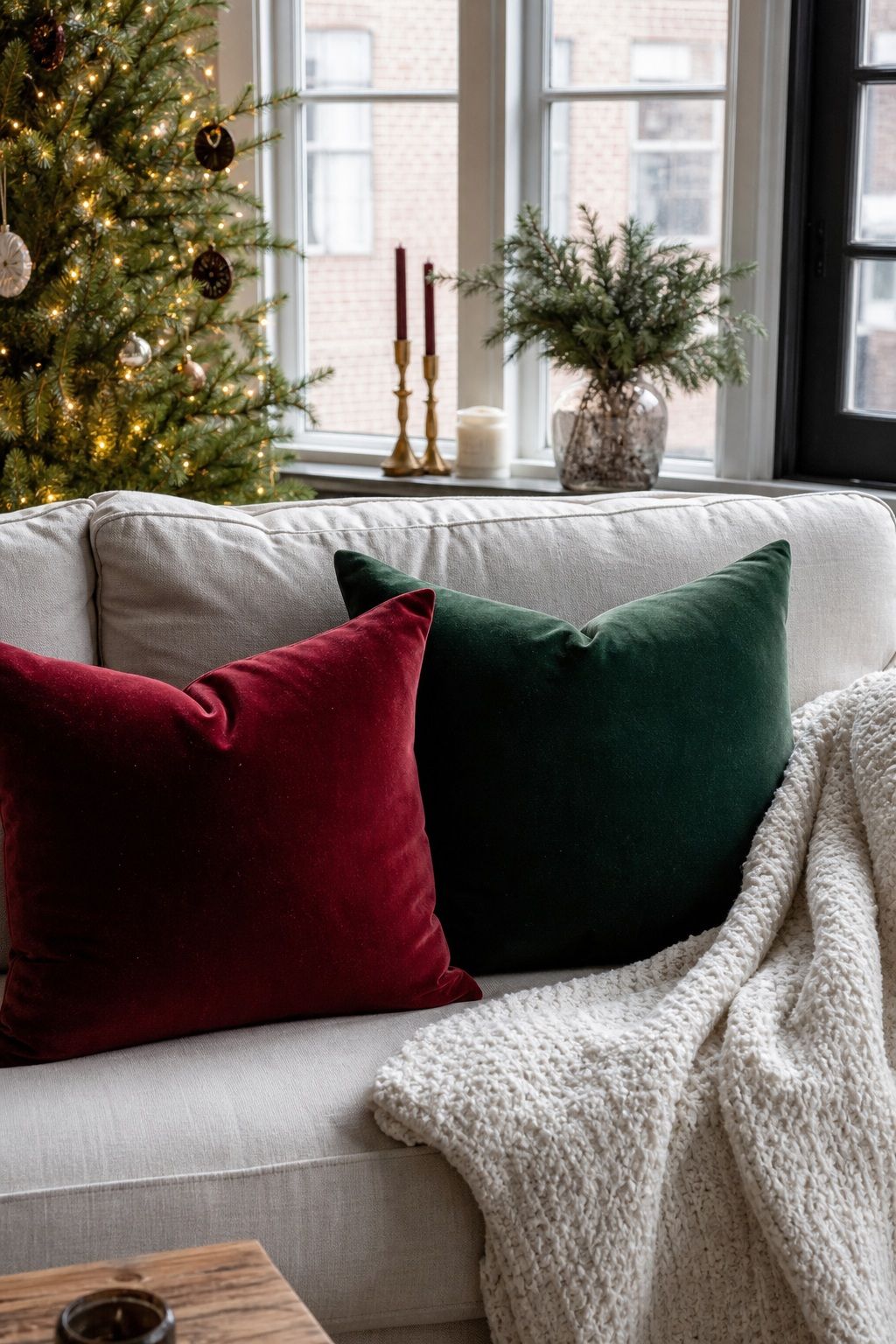 Switch Throw Pillow Covers to Velvet in Cranberry or Pine small apartment idea for Top 20 Small Apartment Christmas Decor Ideas for a Cozy Holiday in Tight Spaces.
