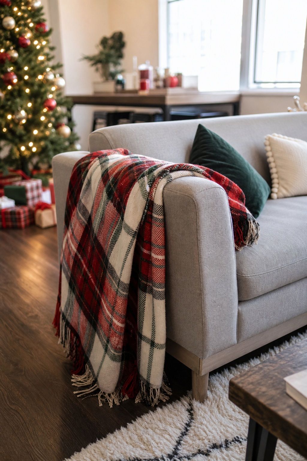 Drape a Plaid Throw Over the Couch Arm small apartment idea for Top 20 Small Apartment Christmas Decor Ideas for a Cozy Holiday in Tight Spaces.