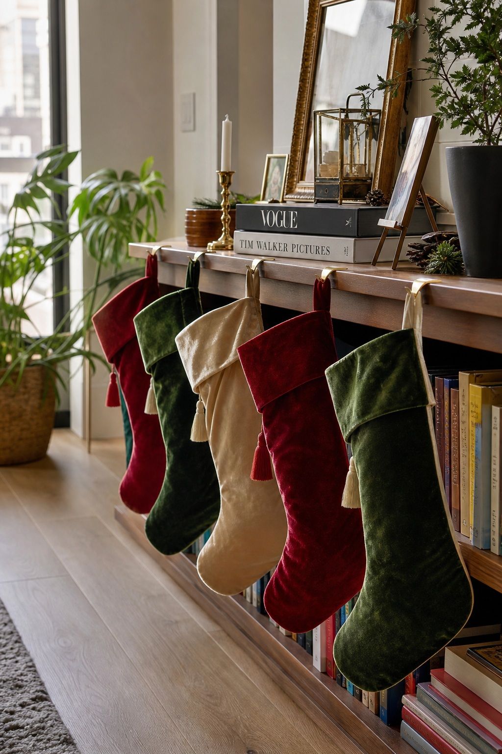Add Velvet Stockings on a Bookshelf or Console small apartment idea for Top 20 Small Apartment Christmas Decor Ideas for a Cozy Holiday in Tight Spaces.