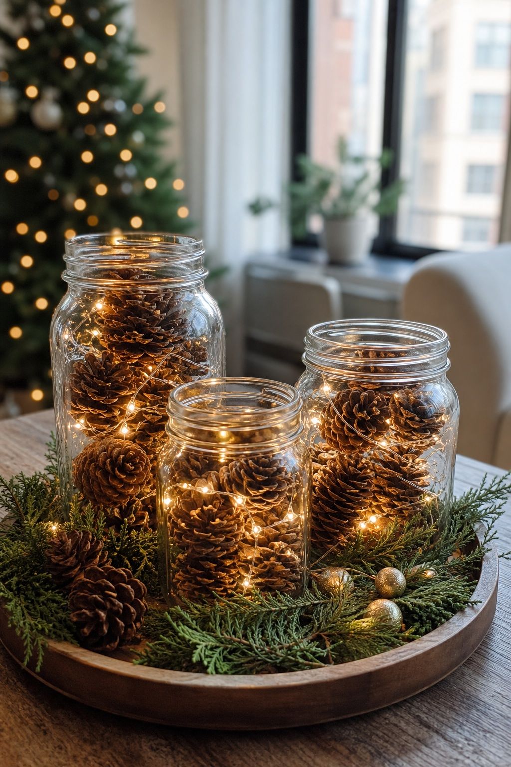 Create a Mason Jar Centerpiece With Pinecones and Lights small apartment idea for Top 20 Small Apartment Christmas Decor Ideas for a Cozy Holiday in Tight Spaces.