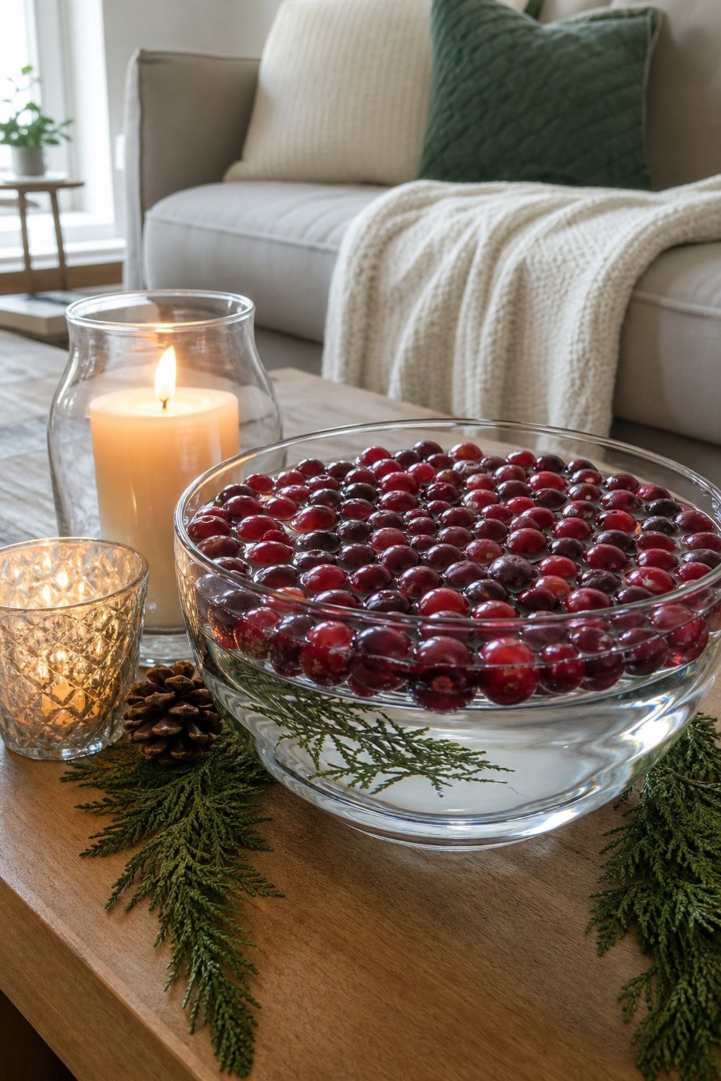 Float Cranberries in a Glass Bowl as a Coffee Table Display small apartment idea for Top 20 Small Apartment Christmas Decor Ideas for a Cozy Holiday in Tight Spaces.