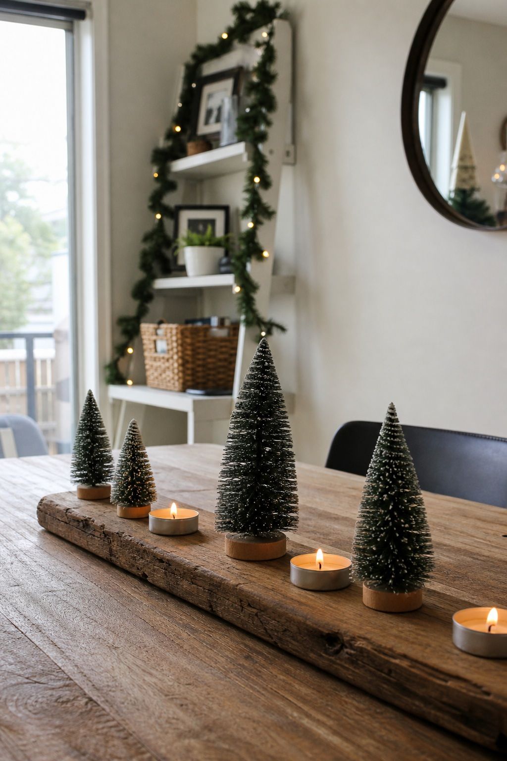 Use a Wood Plank With Mini Trees and Tea Lights small apartment idea for Top 20 Small Apartment Christmas Decor Ideas for a Cozy Holiday in Tight Spaces.