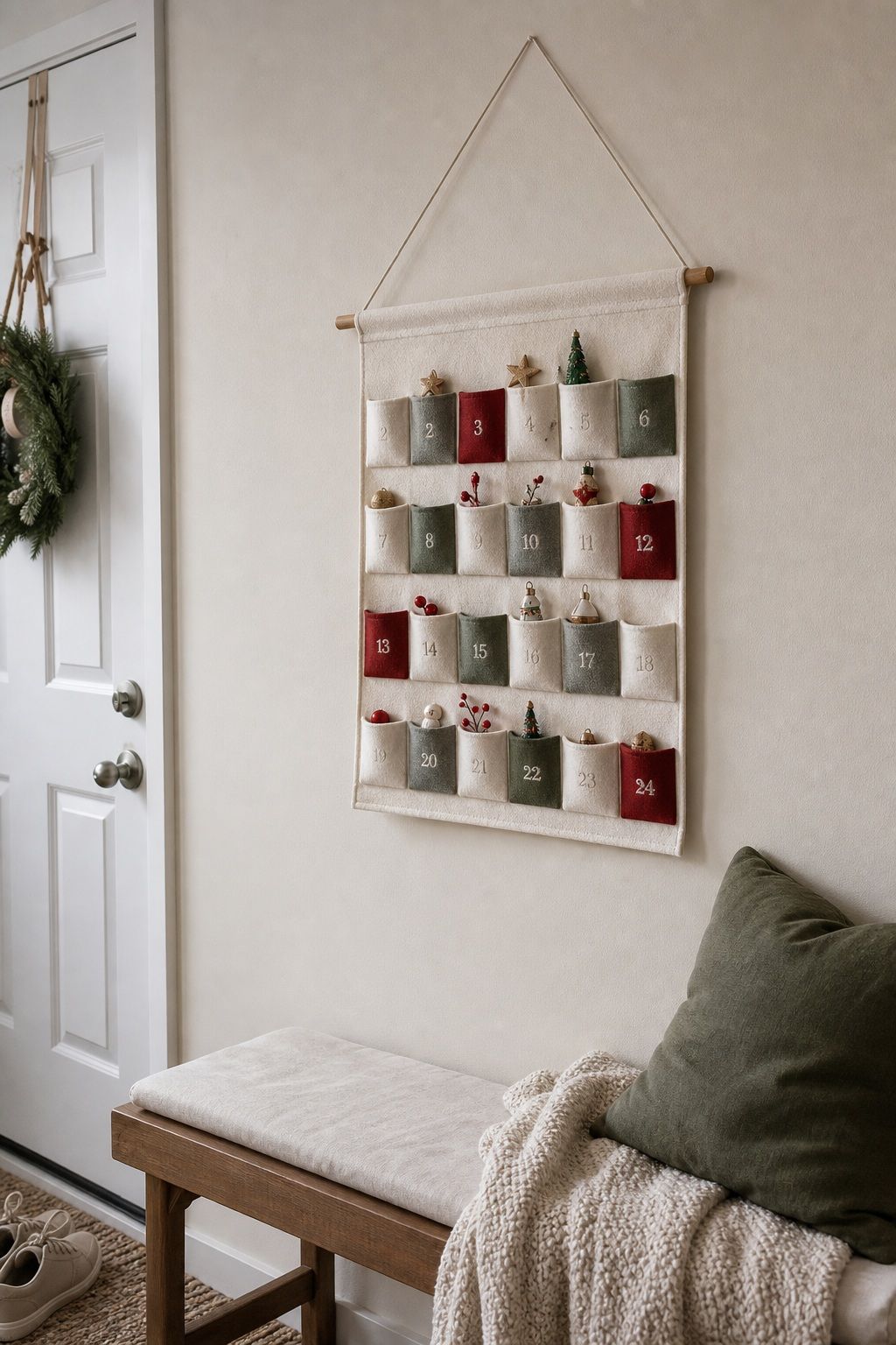 Display a Felt Advent Calendar on a Bare Wall small apartment idea for Top 20 Small Apartment Christmas Decor Ideas for a Cozy Holiday in Tight Spaces.