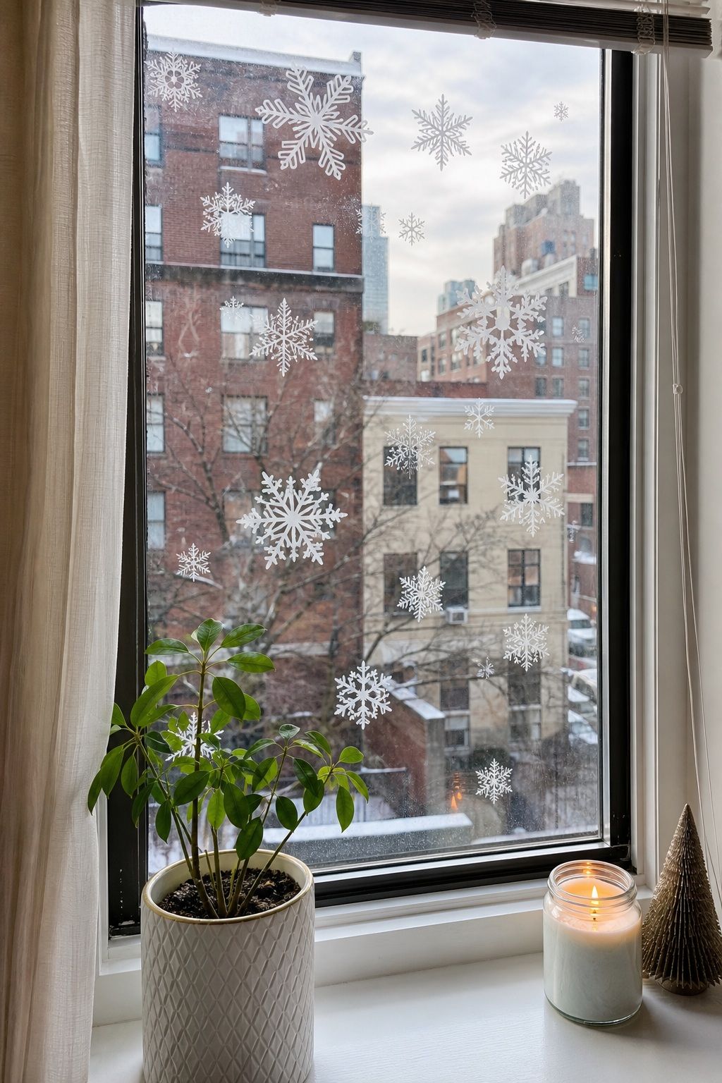 Add Removable Snowflake Decals to Windows small apartment idea for Top 20 Small Apartment Christmas Decor Ideas for a Cozy Holiday in Tight Spaces.