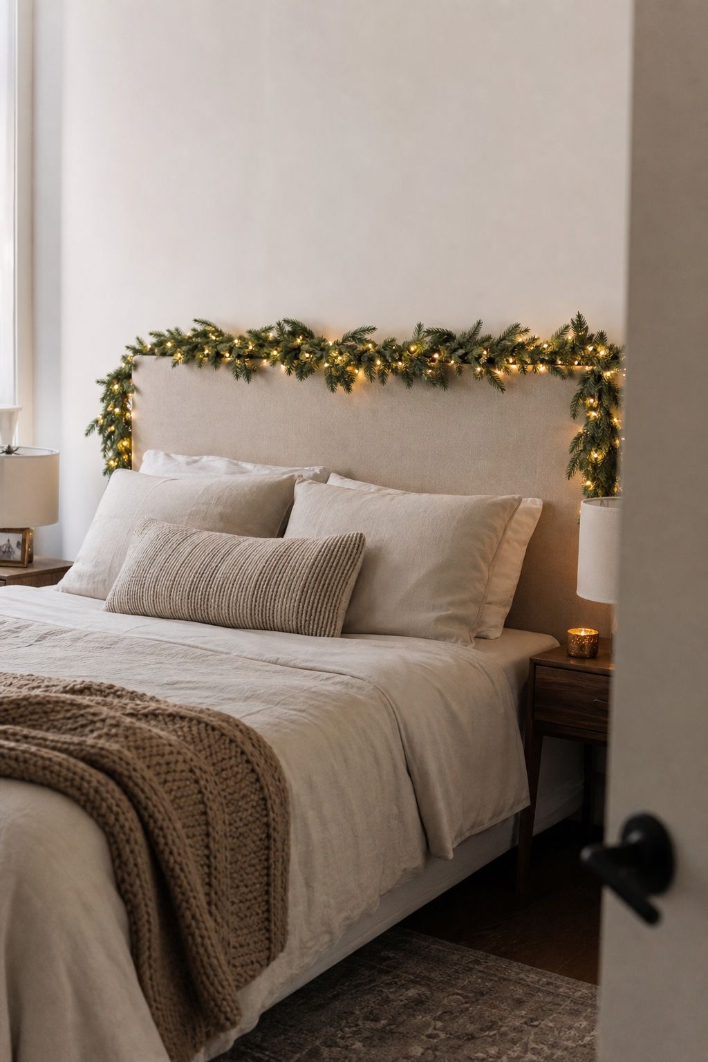 Hang a Garland Across the Bed Headboard small apartment idea for Top 20 Small Apartment Christmas Decor Ideas for a Cozy Holiday in Tight Spaces.