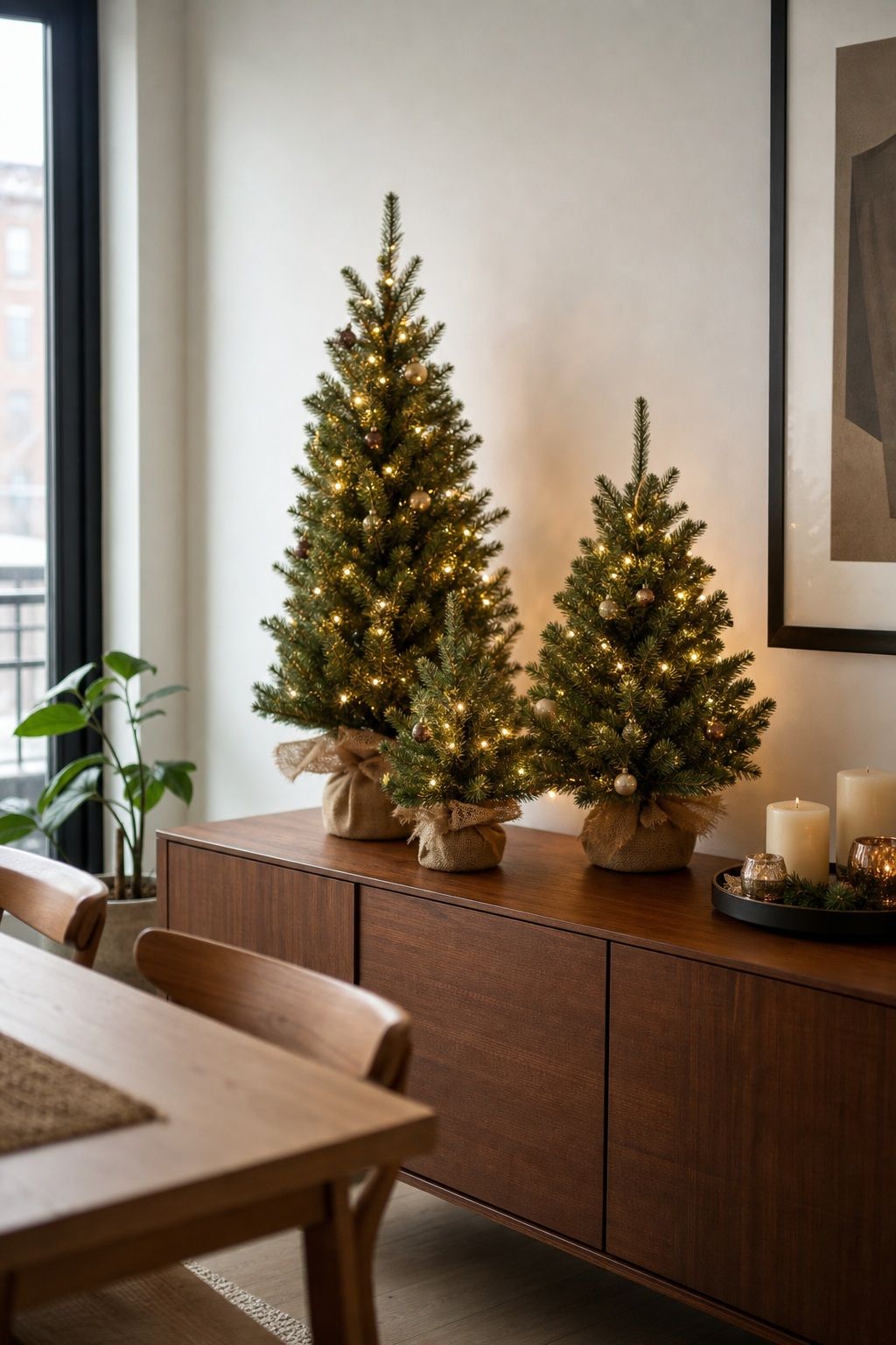 Cluster Three Different-Sized Tabletop Trees on the Sideboard small apartment idea for Top 20 Small Apartment Christmas Decor Ideas for a Cozy Holiday in Tight Spaces.