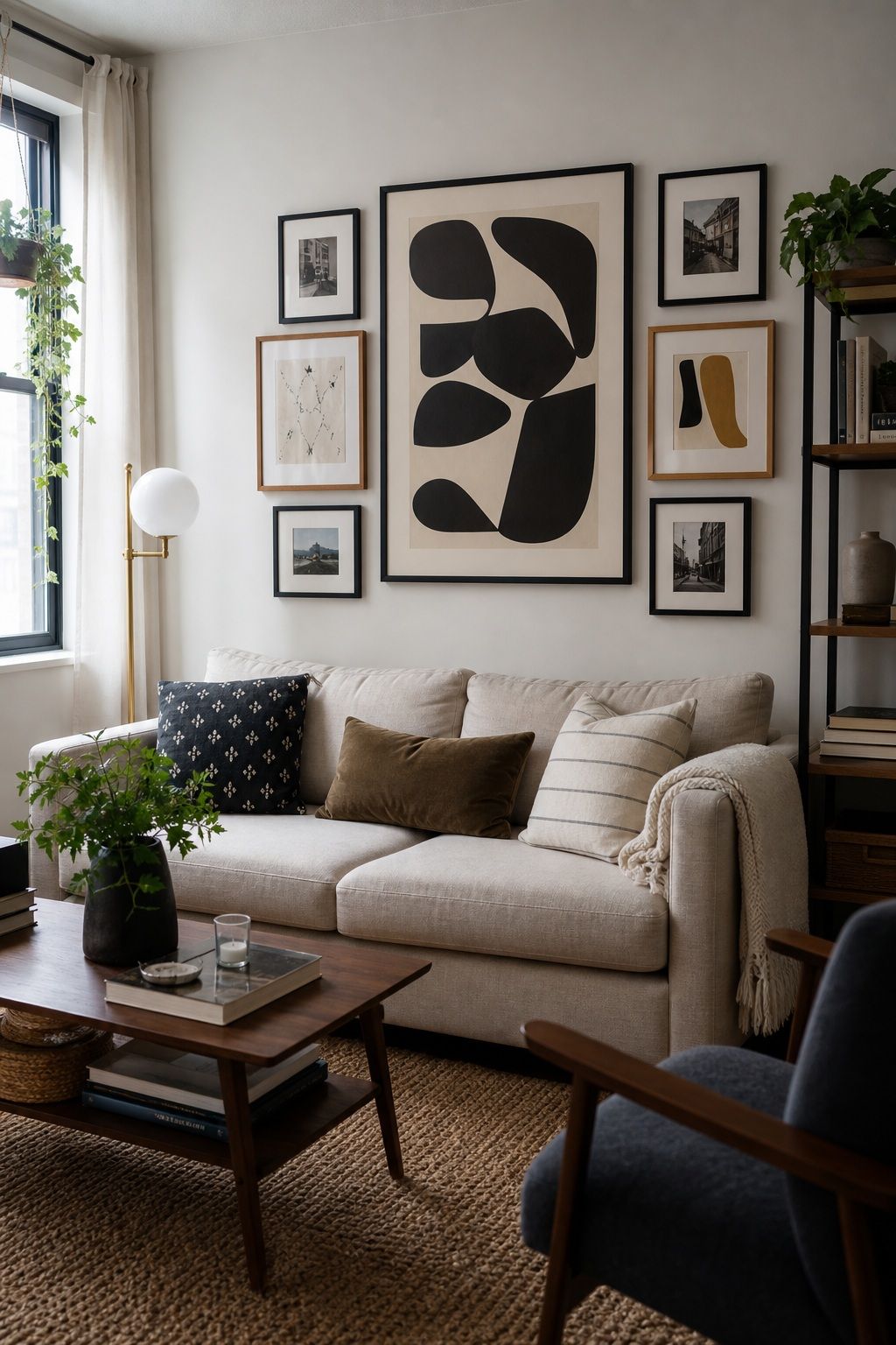 Build a Gallery Wall Above the Sofa small apartment idea for Top 20 Small Apartment Decorating Ideas That Work in Any Space.