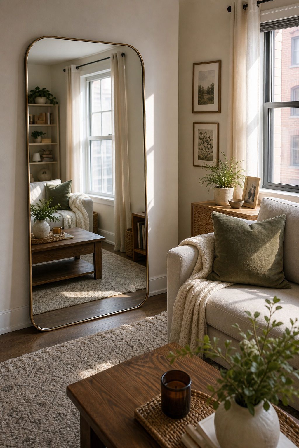 Hang a Statement Mirror Across From a Window small apartment idea for Top 20 Small Apartment Decorating Ideas That Work in Any Space.