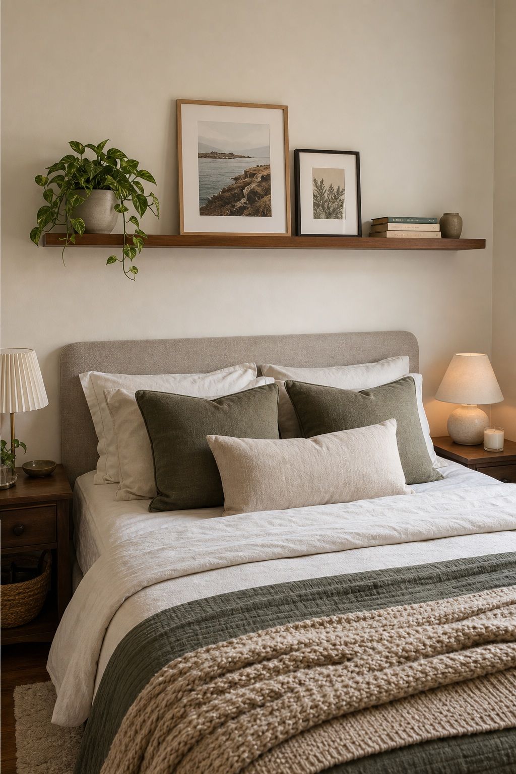 Float a Single Long Shelf Above the Bed small apartment idea for Top 20 Small Apartment Decorating Ideas That Work in Any Space.