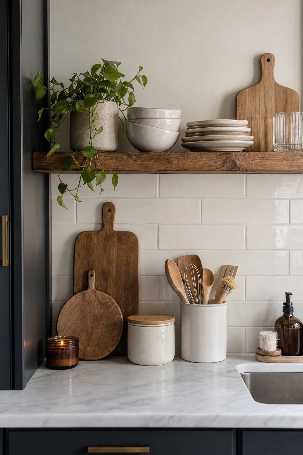Style One Open Shelf or Section of Counter small apartment idea for Top 20 Small Apartment Decorating Ideas That Work in Any Space.