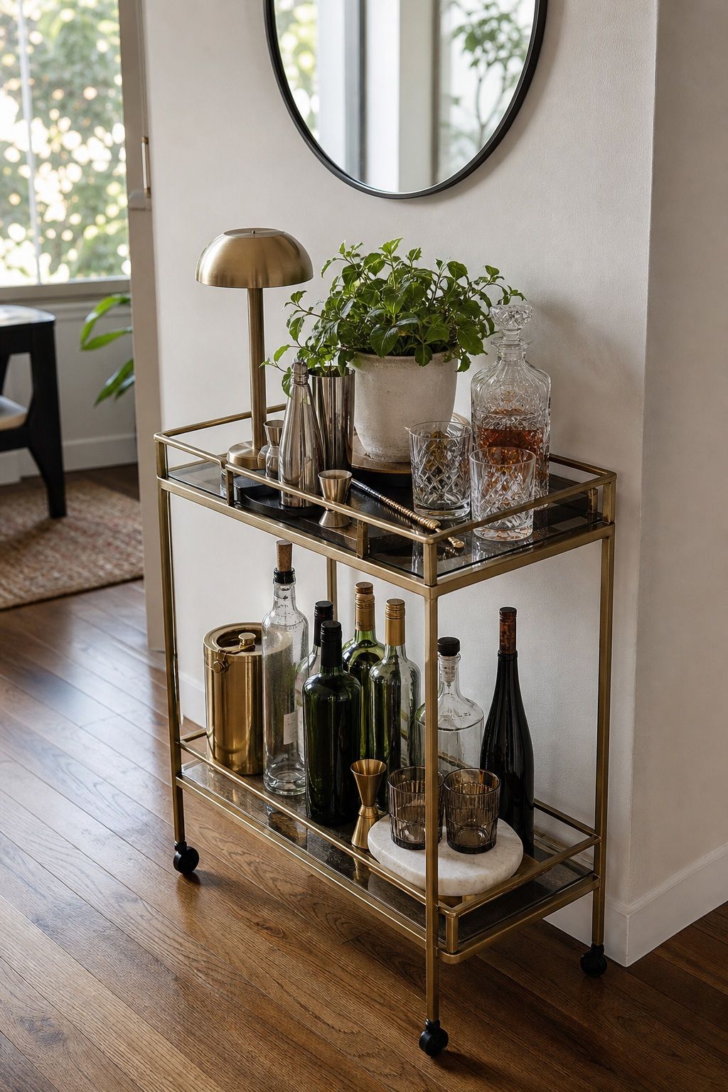 Add a Small Bar Cart or Console small apartment idea for Top 20 Small Apartment Decorating Ideas That Work in Any Space.