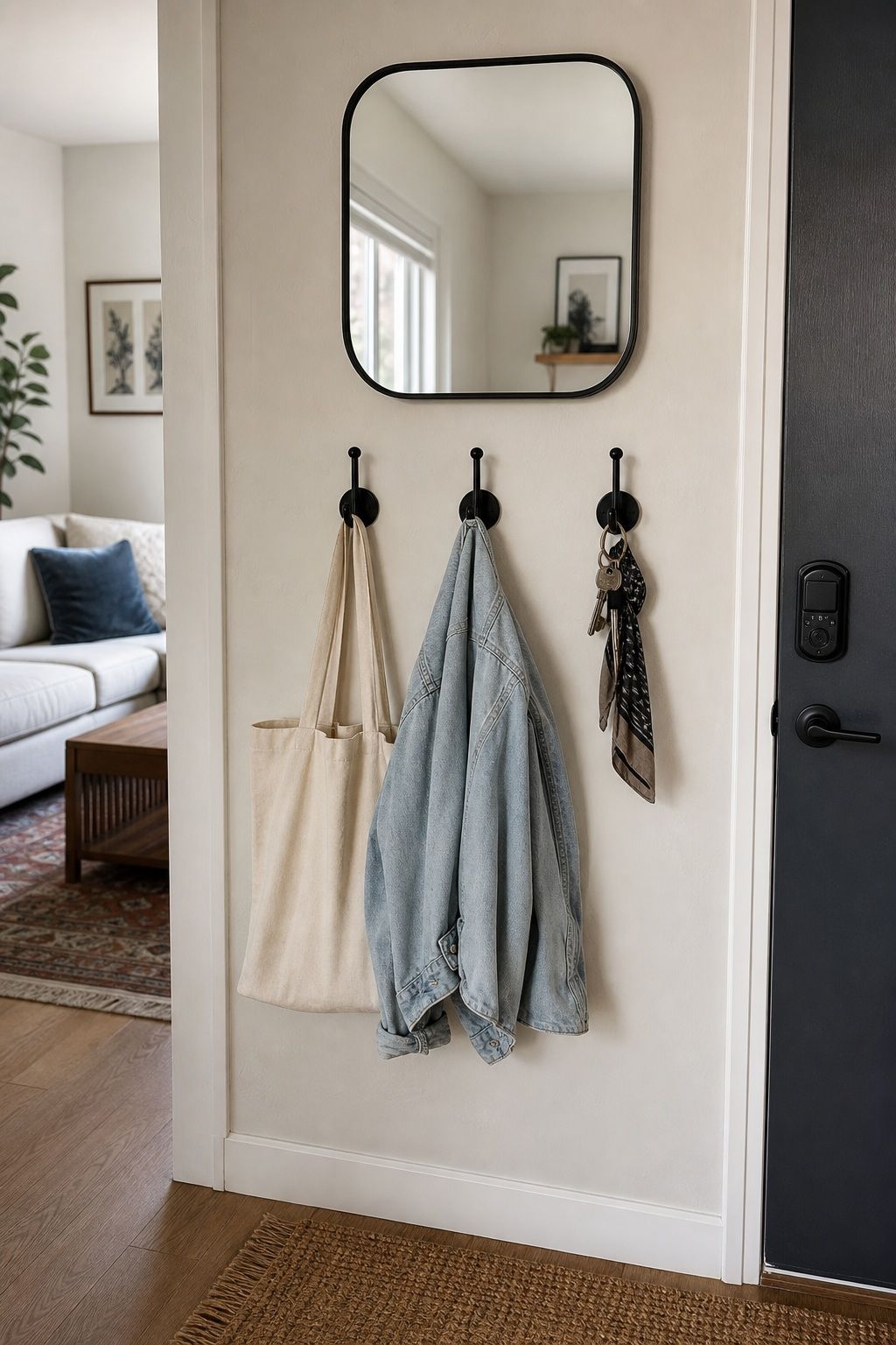 Mount a Mirror Plus Three Wall Hooks small apartment idea for Top 20 Small Apartment Decorating Ideas That Work in Any Space.