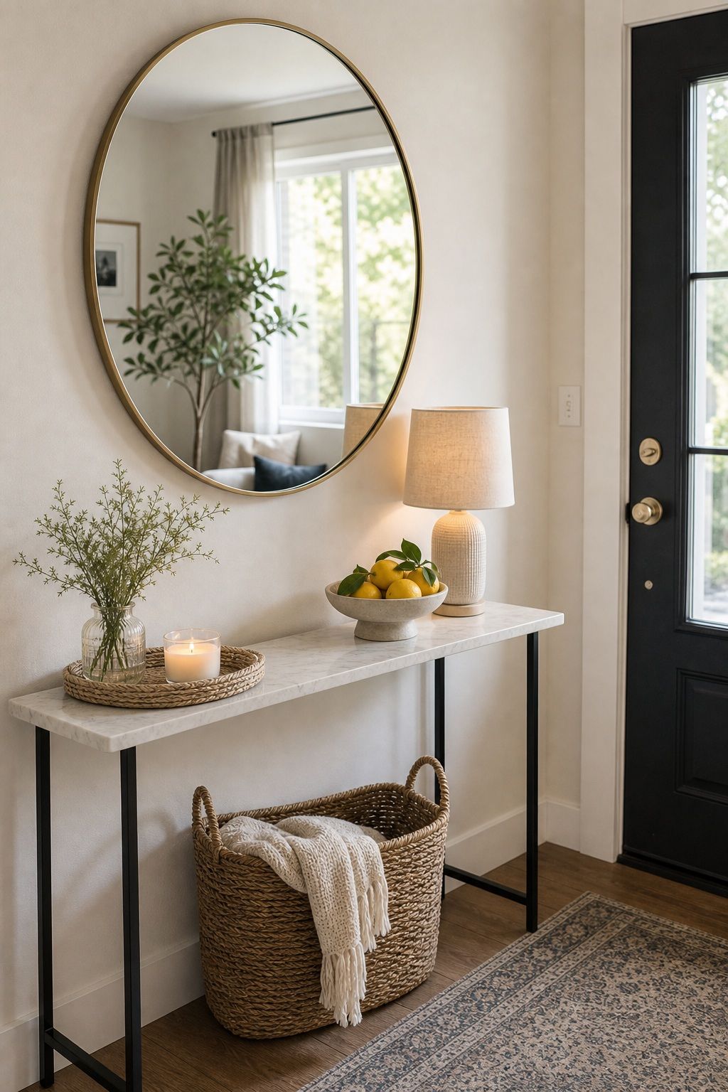 Add a Slim Console Table Under the Mirror small apartment idea for Top 20 Small Apartment Decorating Ideas That Work in Any Space.