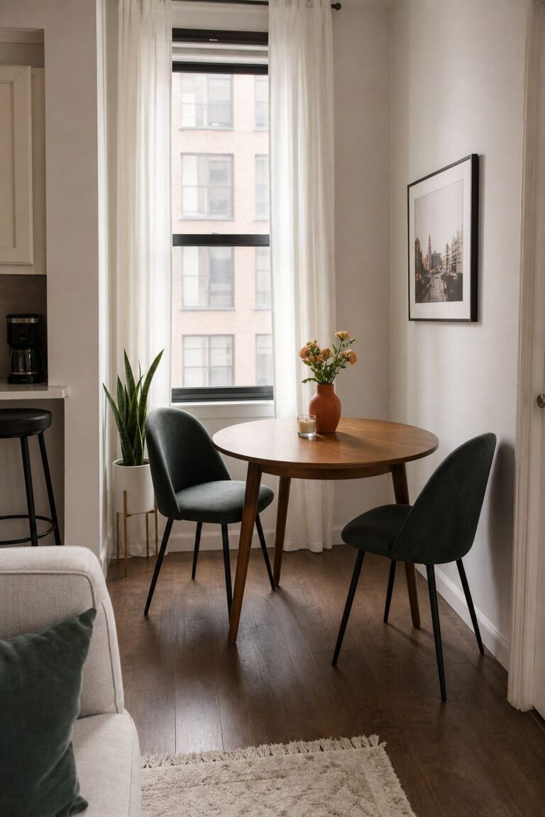 Choose a Round Table Over Rectangular small apartment idea for Top 16 Small Apartment Dining Room Ideas That Actually Fit Your Space.