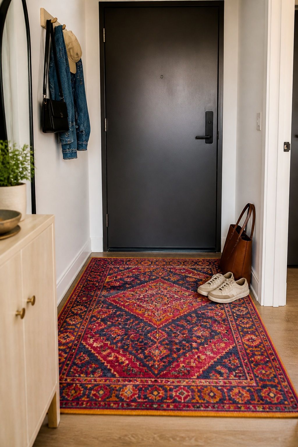 Anchor the Entry With a Bold Rug That Defines the Drop Zone small apartment idea for Top 18 Small Apartment Entryway Ideas When You Have No Foyer.