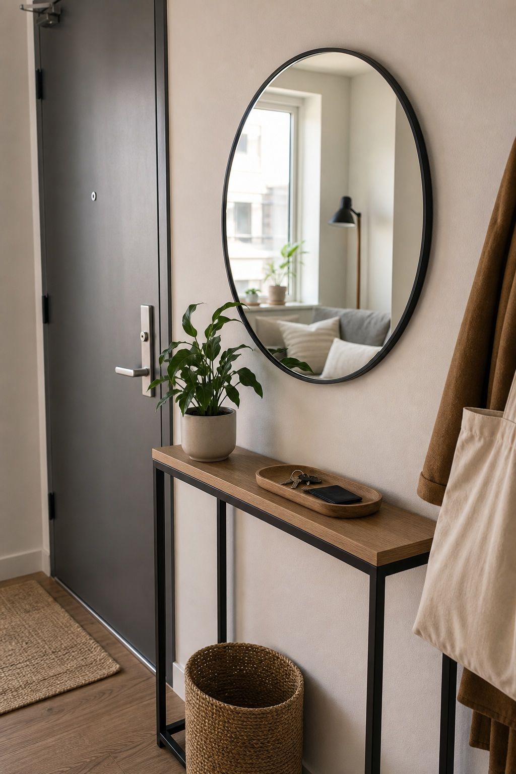 Mount a Mirror Above the Console to Double the Entry small apartment idea for Top 18 Small Apartment Entryway Ideas When You Have No Foyer.