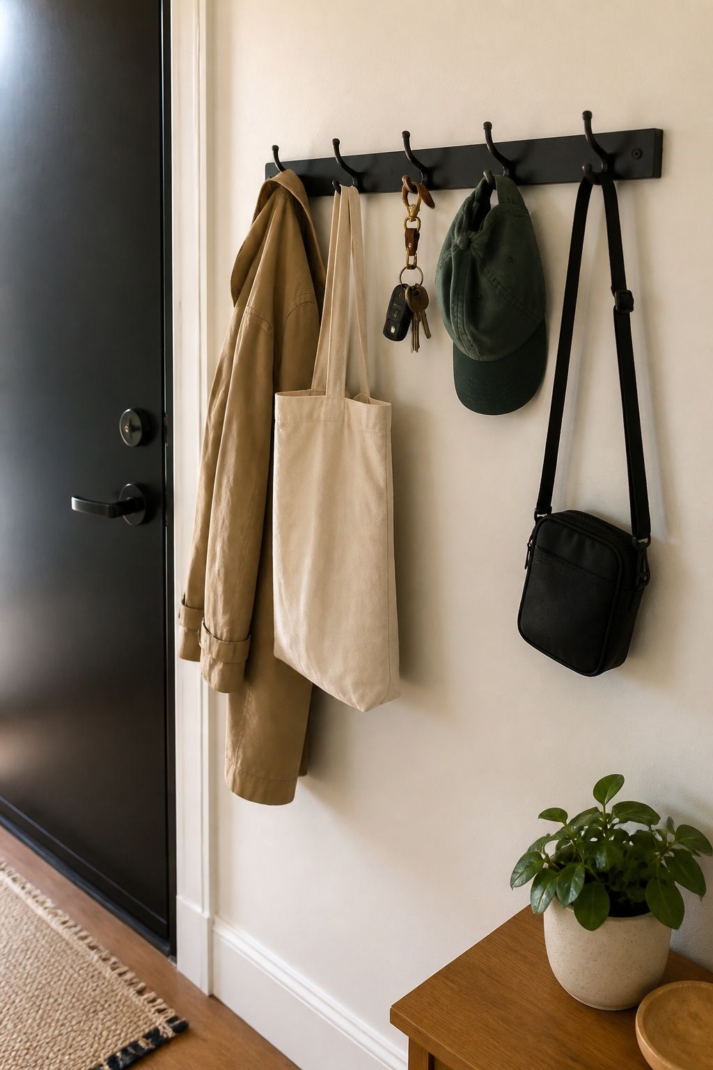 Install a Wall Hook System for Bags, Hats, Keys, and Coats small apartment idea for Top 18 Small Apartment Entryway Ideas When You Have No Foyer.