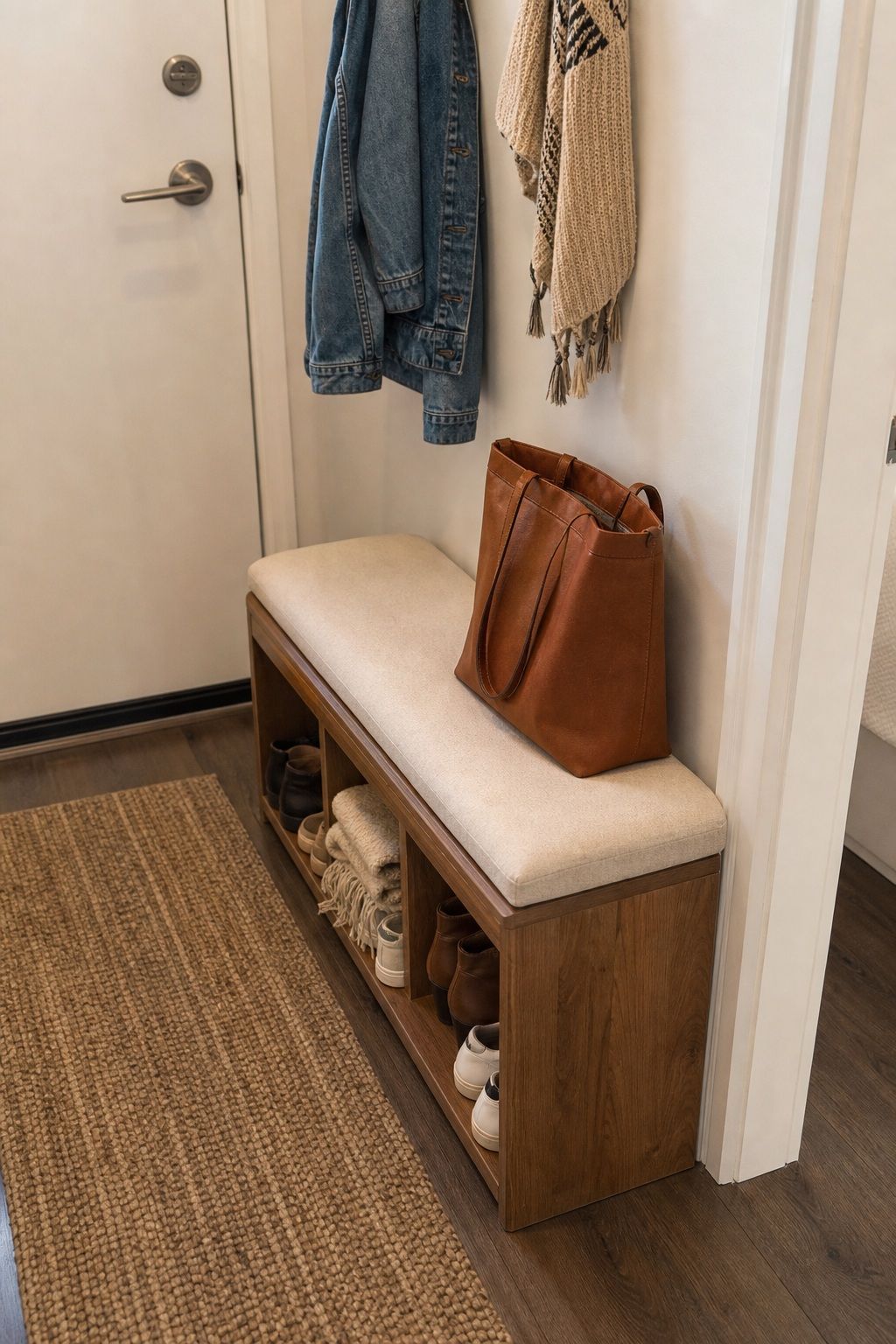 Use a Slim Storage Bench to Sit, Store, and Define the Entry small apartment idea for Top 18 Small Apartment Entryway Ideas When You Have No Foyer.