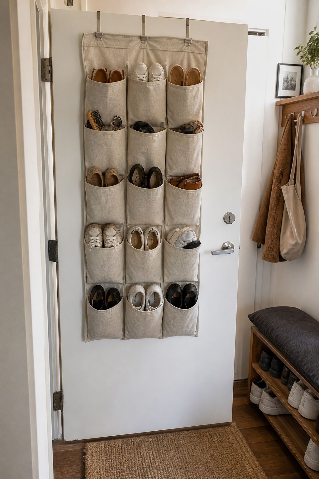 Add an Over-Door Shoe Organizer on the Back of Your Front Door small apartment idea for Top 18 Small Apartment Entryway Ideas When You Have No Foyer.