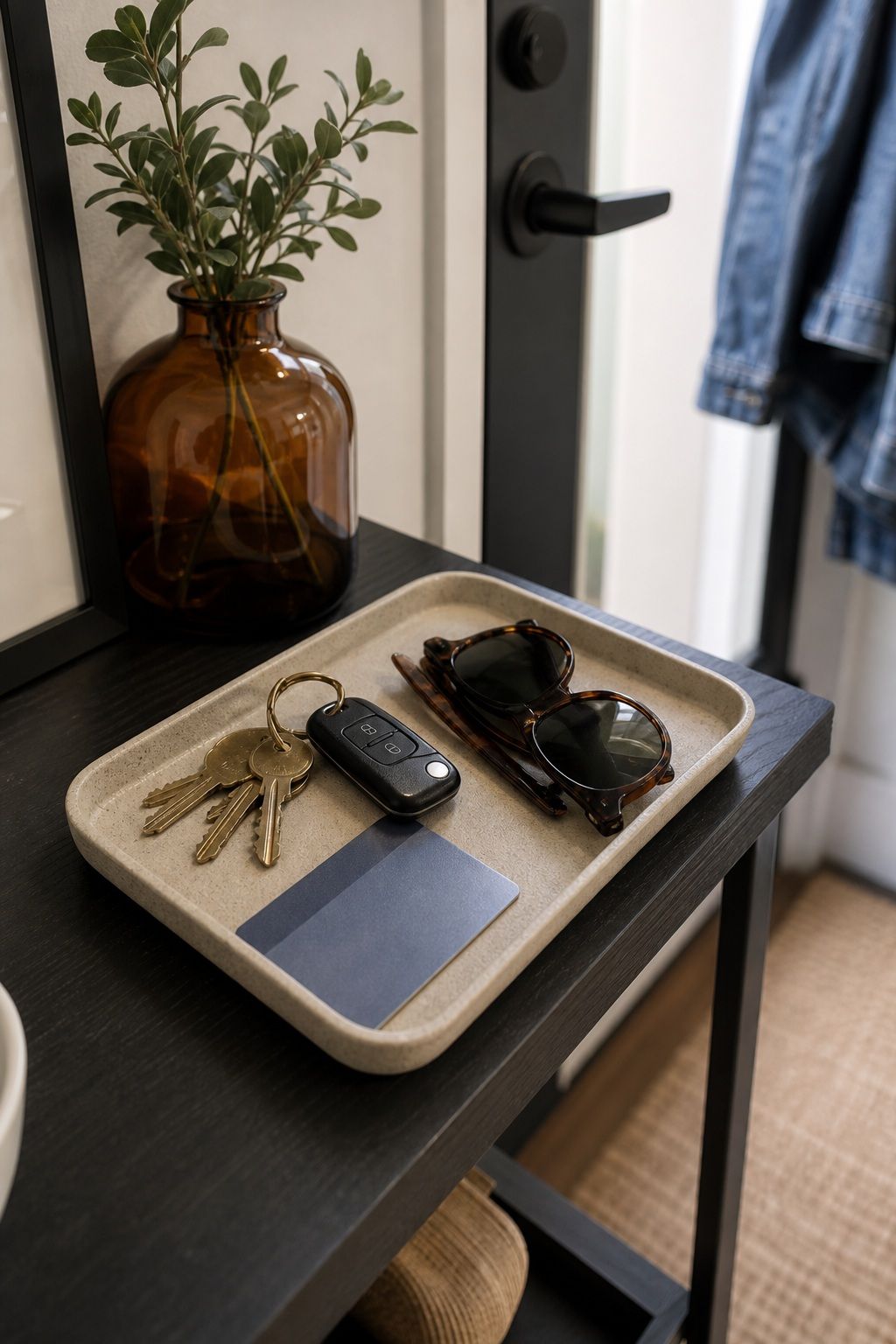 Place a Small Tray for Keys, Sunglasses, and Your Transit Card small apartment idea for Top 18 Small Apartment Entryway Ideas When You Have No Foyer.