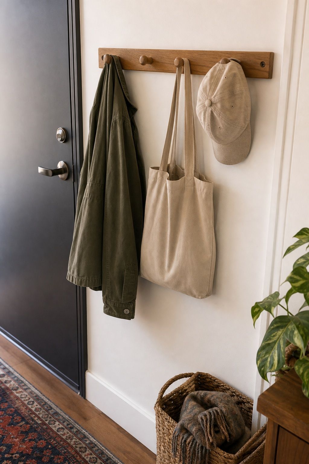 Mount a Peg Rail at Coat Height small apartment idea for Top 18 Small Apartment Entryway Ideas When You Have No Foyer.