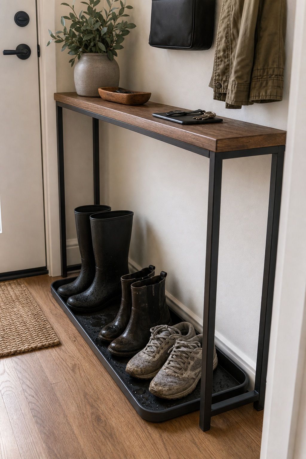 Add a Boot Tray Under the Console for Wet Shoes small apartment idea for Top 18 Small Apartment Entryway Ideas When You Have No Foyer.