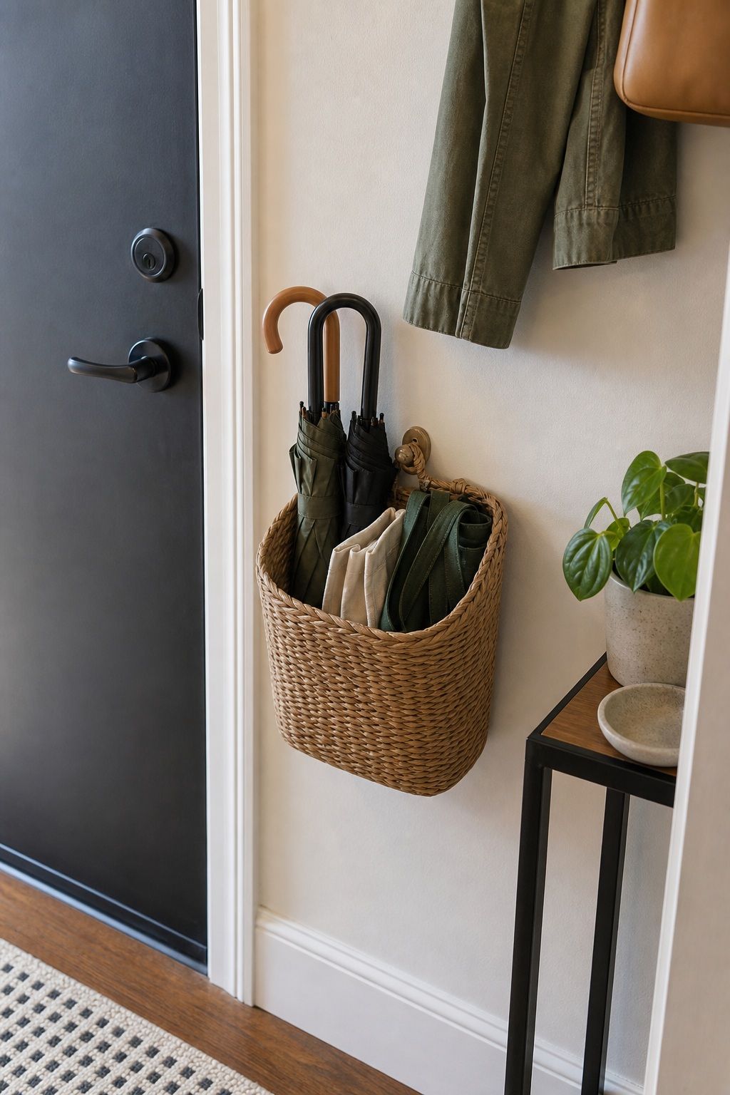 Hang a Small Basket for Umbrellas and Reusable Bags small apartment idea for Top 18 Small Apartment Entryway Ideas When You Have No Foyer.