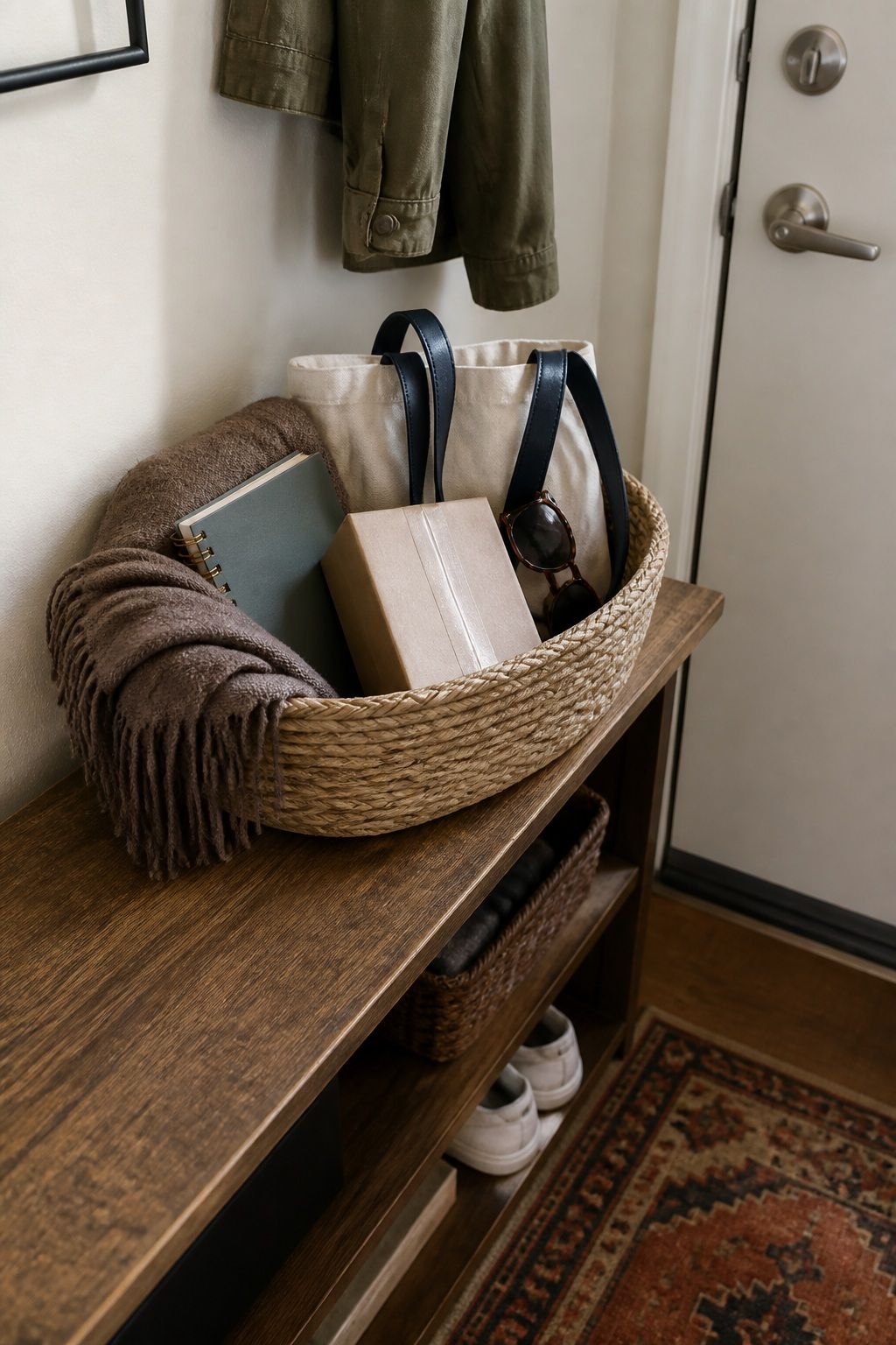 Create a Drop Zone Basket for Tomorrow's Items small apartment idea for Top 18 Small Apartment Entryway Ideas When You Have No Foyer.