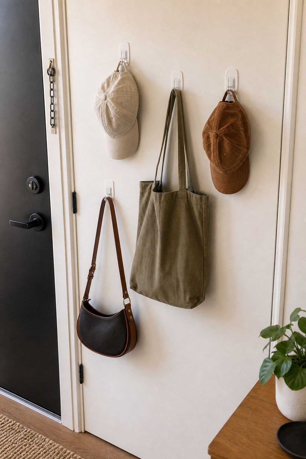 Use Adhesive Command Hooks for Bags and Hats small apartment idea for Top 18 Small Apartment Entryway Ideas When You Have No Foyer.