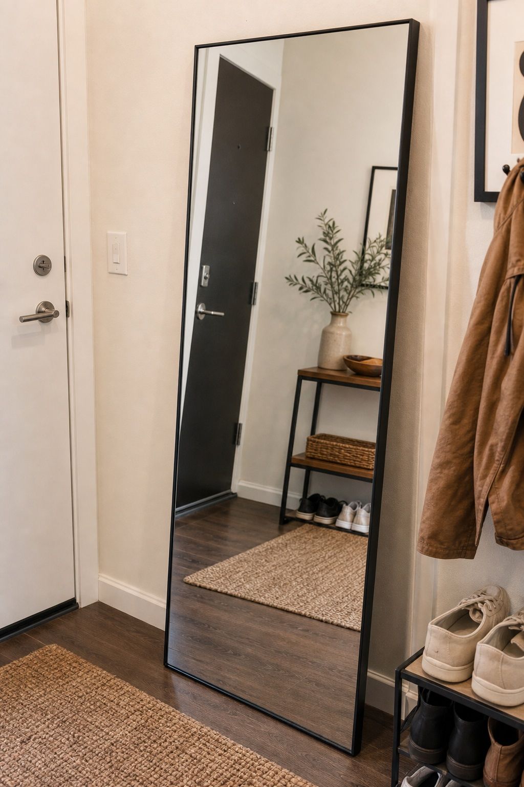 Lean a Full-Length Mirror Against the Wall small apartment idea for Top 18 Small Apartment Entryway Ideas When You Have No Foyer.