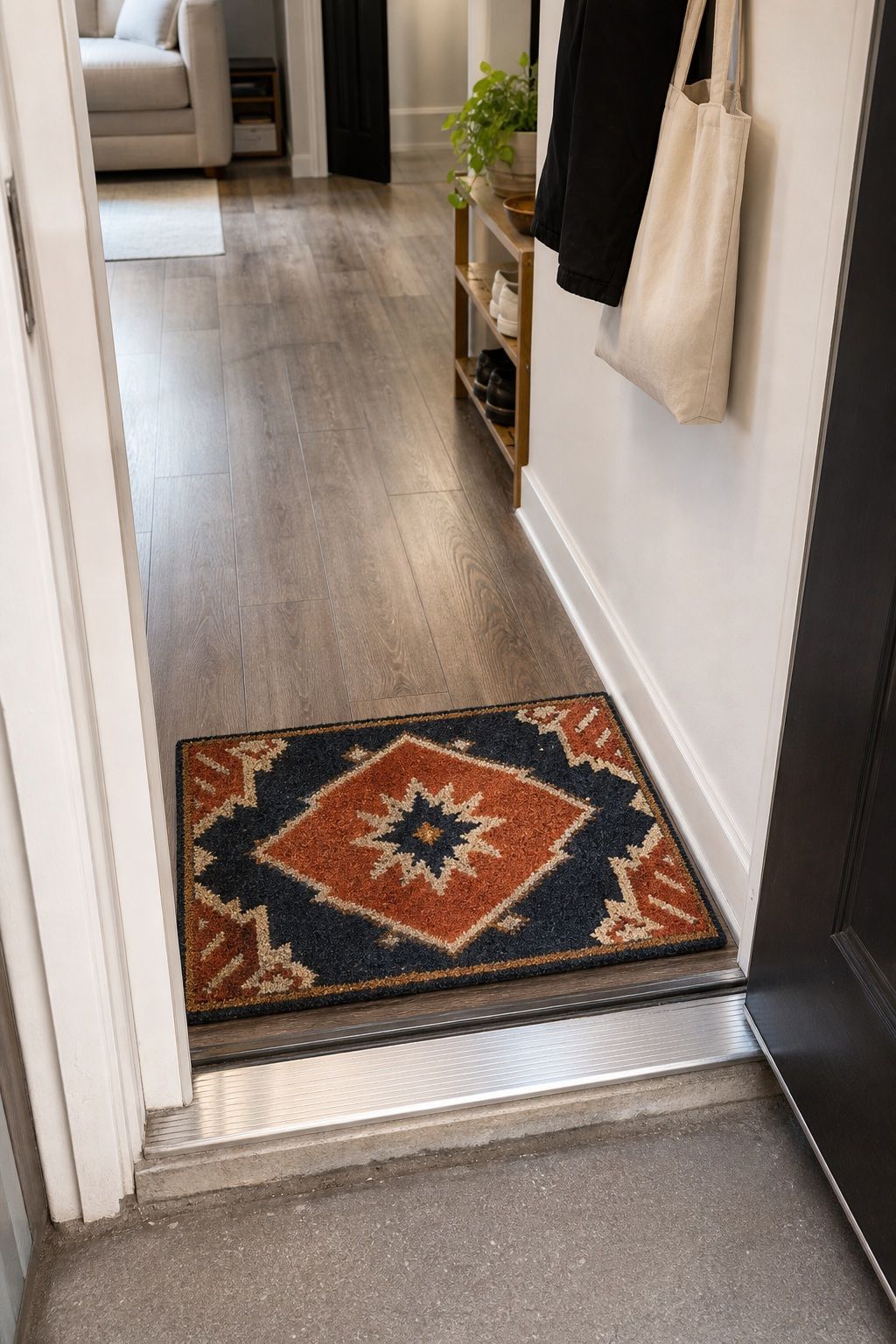 Swap Your Builder-Grade Doormat for a Bold Printed One small apartment idea for Top 18 Small Apartment Entryway Ideas When You Have No Foyer.