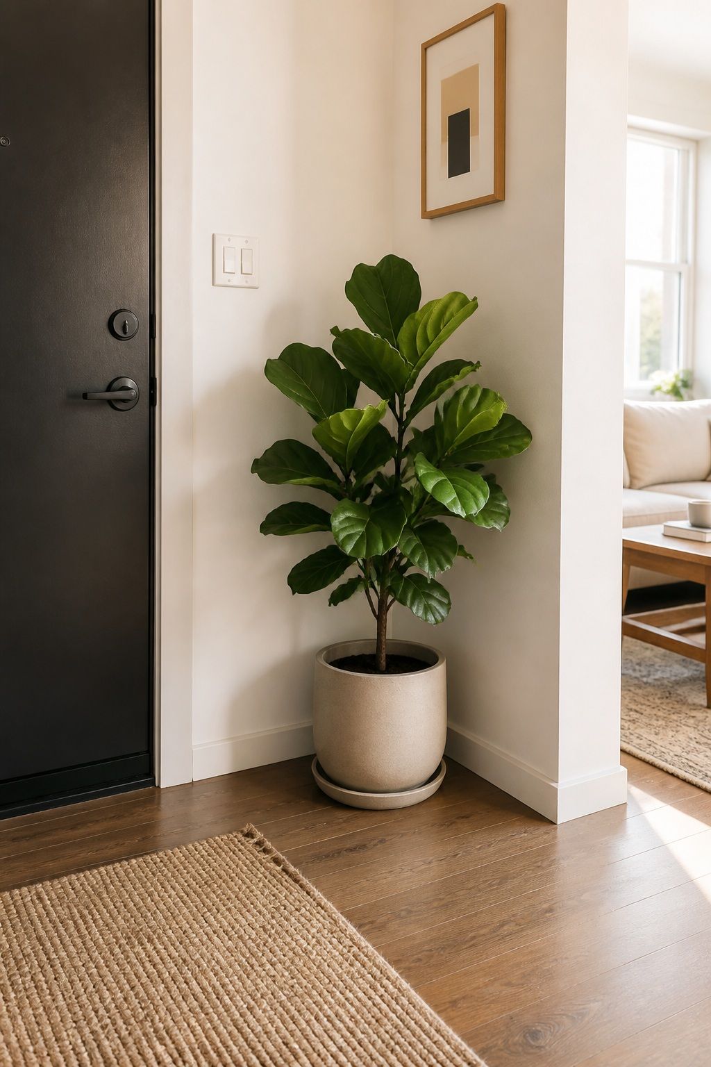 Add One Plant in the Entry Corner small apartment idea for Top 18 Small Apartment Entryway Ideas When You Have No Foyer.