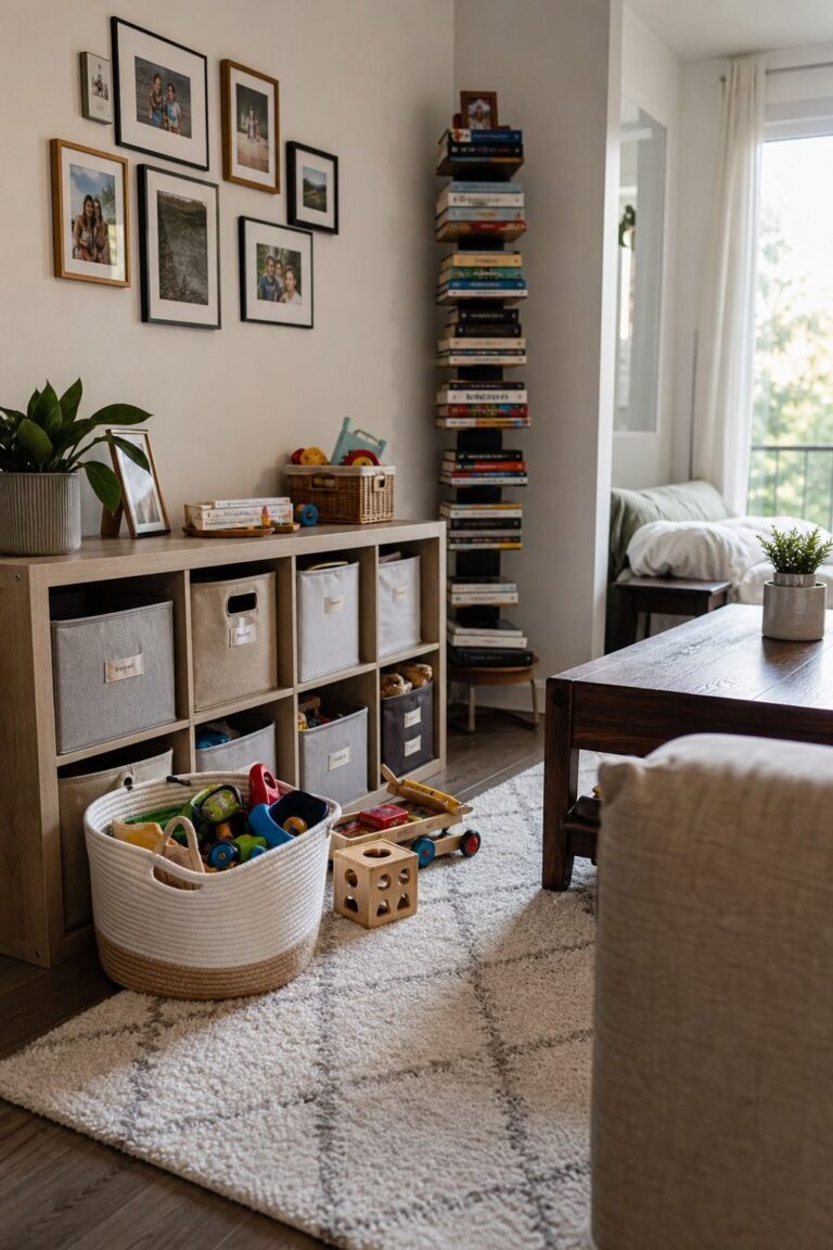 Rotate Toys in Labeled Storage Bins small apartment idea for Top 20 Small Apartment with Kids Ideas: Organization & Decor.