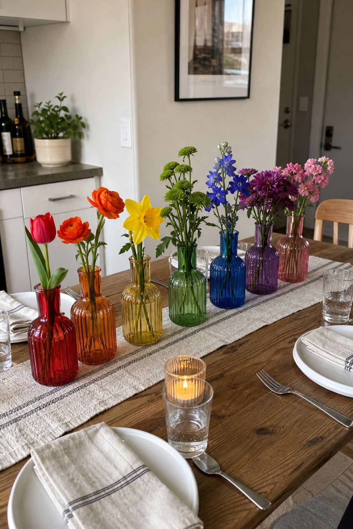 A Rainbow Run of Stems in Matching Vases small apartment idea for Top 17 Colorful Spring Centerpiece Ideas for Your Table.
